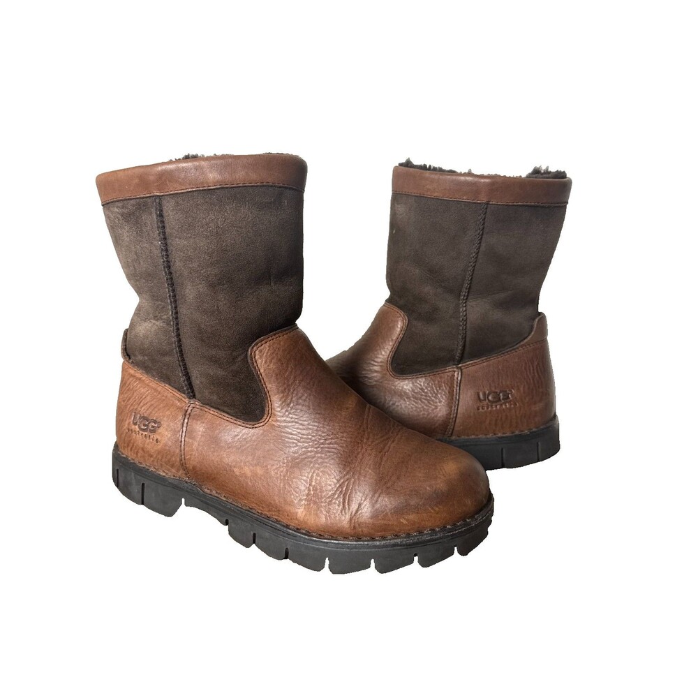 UGG Brown Leather Sheepskin Winter Boots Men's Size 9 Rugged Outdoor